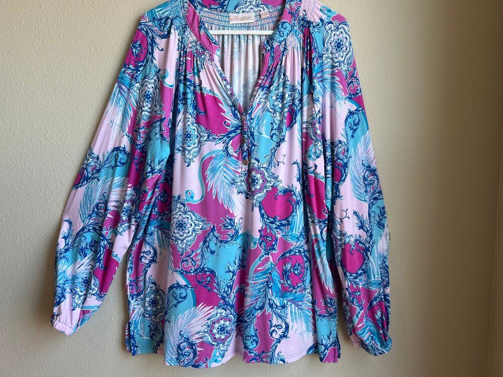 Belle by Kim Gravel Medallion Print Smocked Long Sleeve Split V-Neck Blouse XL
